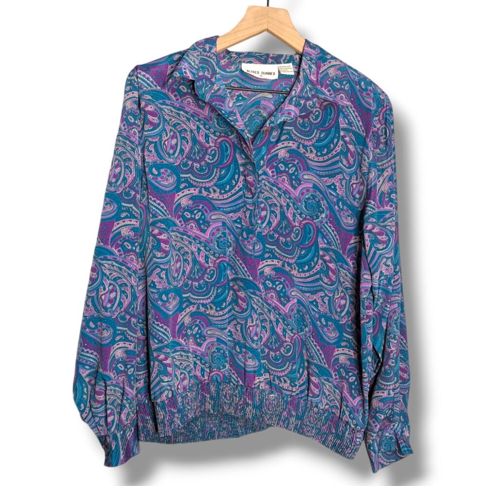 VTG ALFRED DUNNER Multicolor SATIN Paisley Print BUTTON Banded Hem BLOUSE Top 16